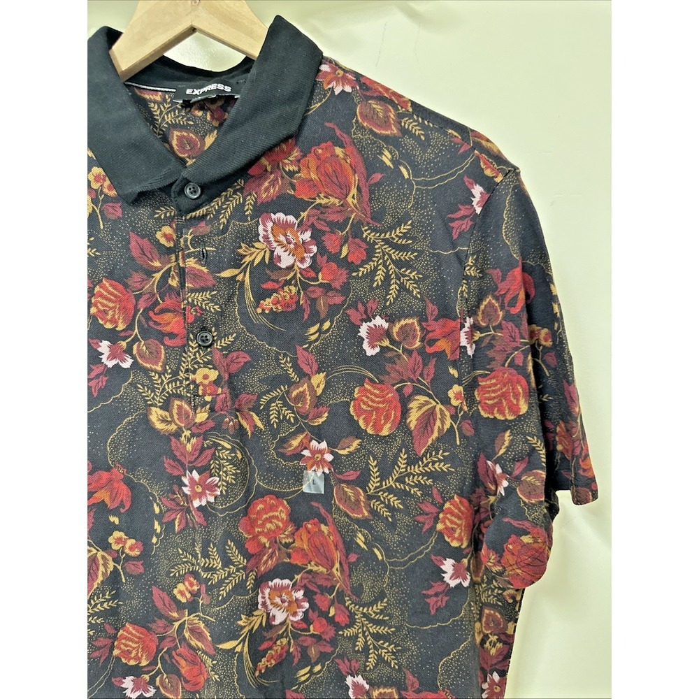 Express Men Size Large Floral Leaf Polo Shirt Red Multi Black Collar